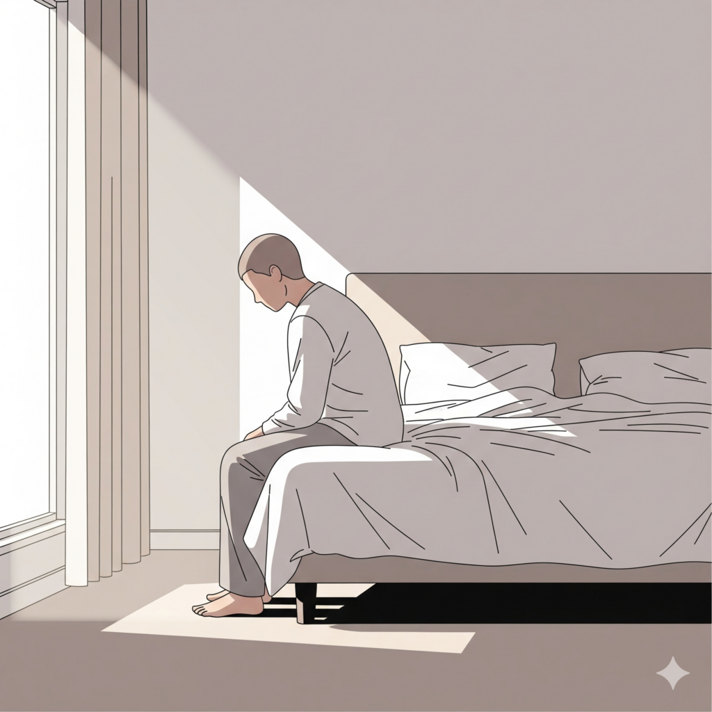 Person sitting on a bed in the morning feeling exhausted after poor quality sleep