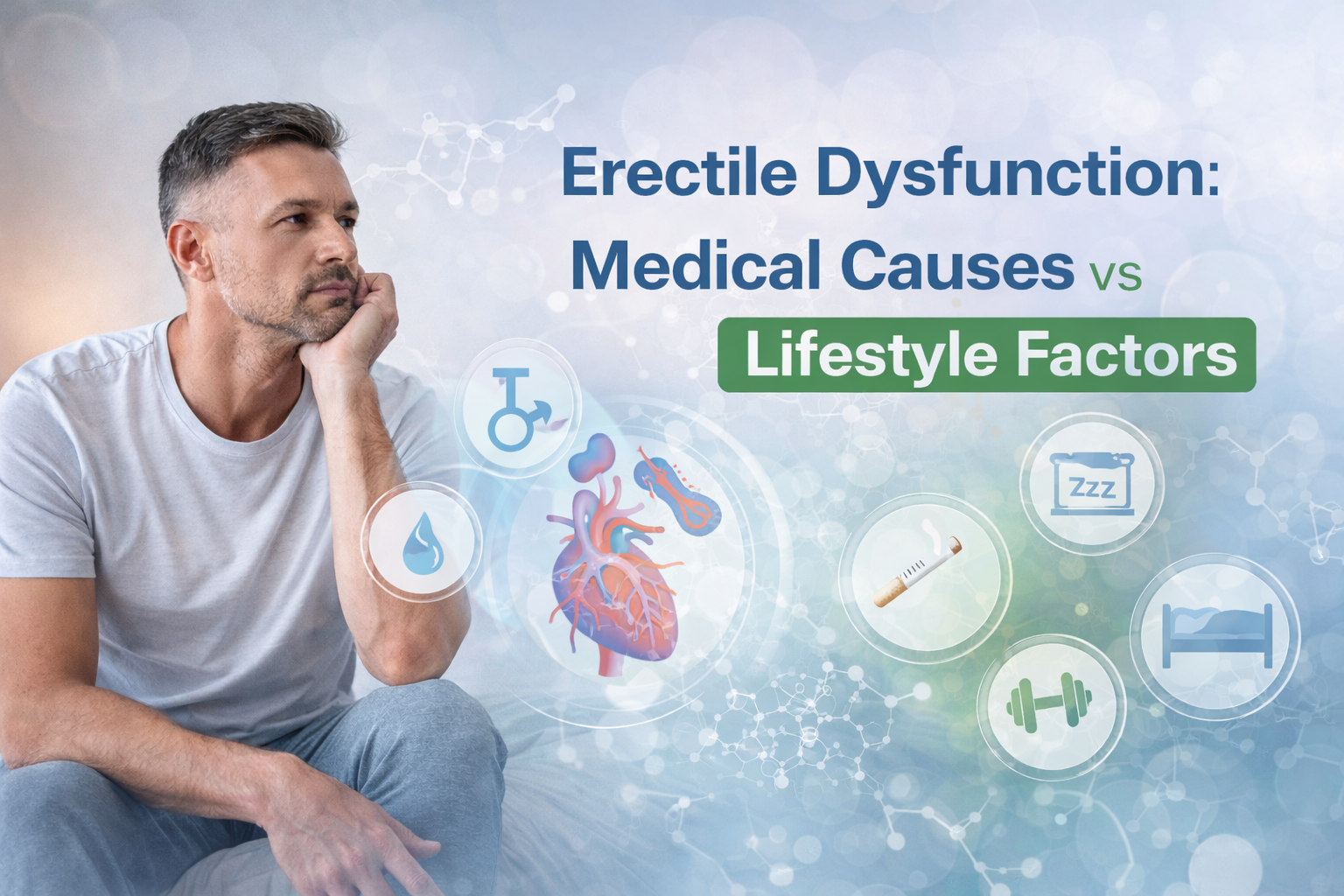 Illustration showing medical and lifestyle factors related to erectile dysfunction