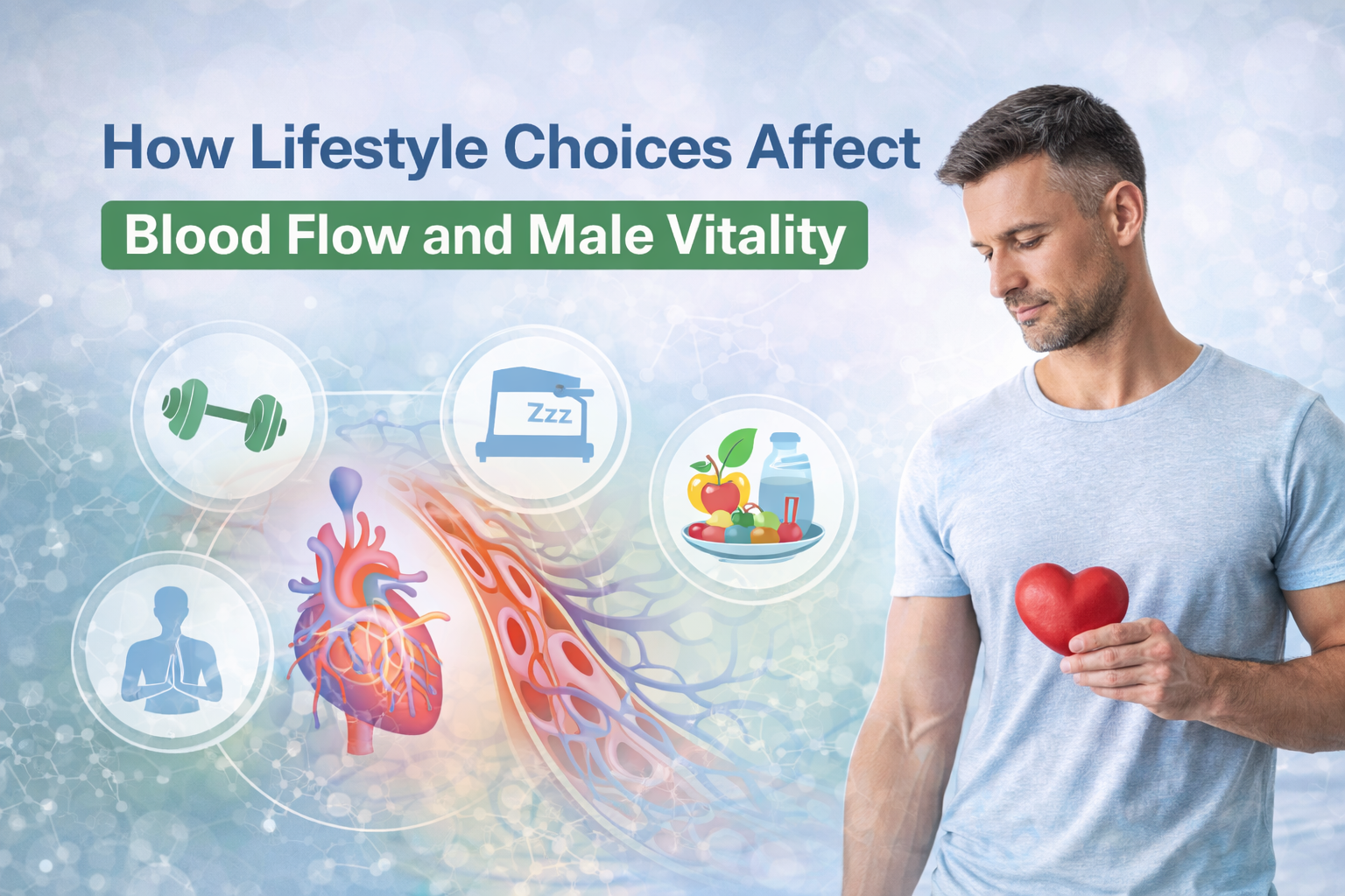 Illustration representing lifestyle habits that support healthy blood flow and vitality