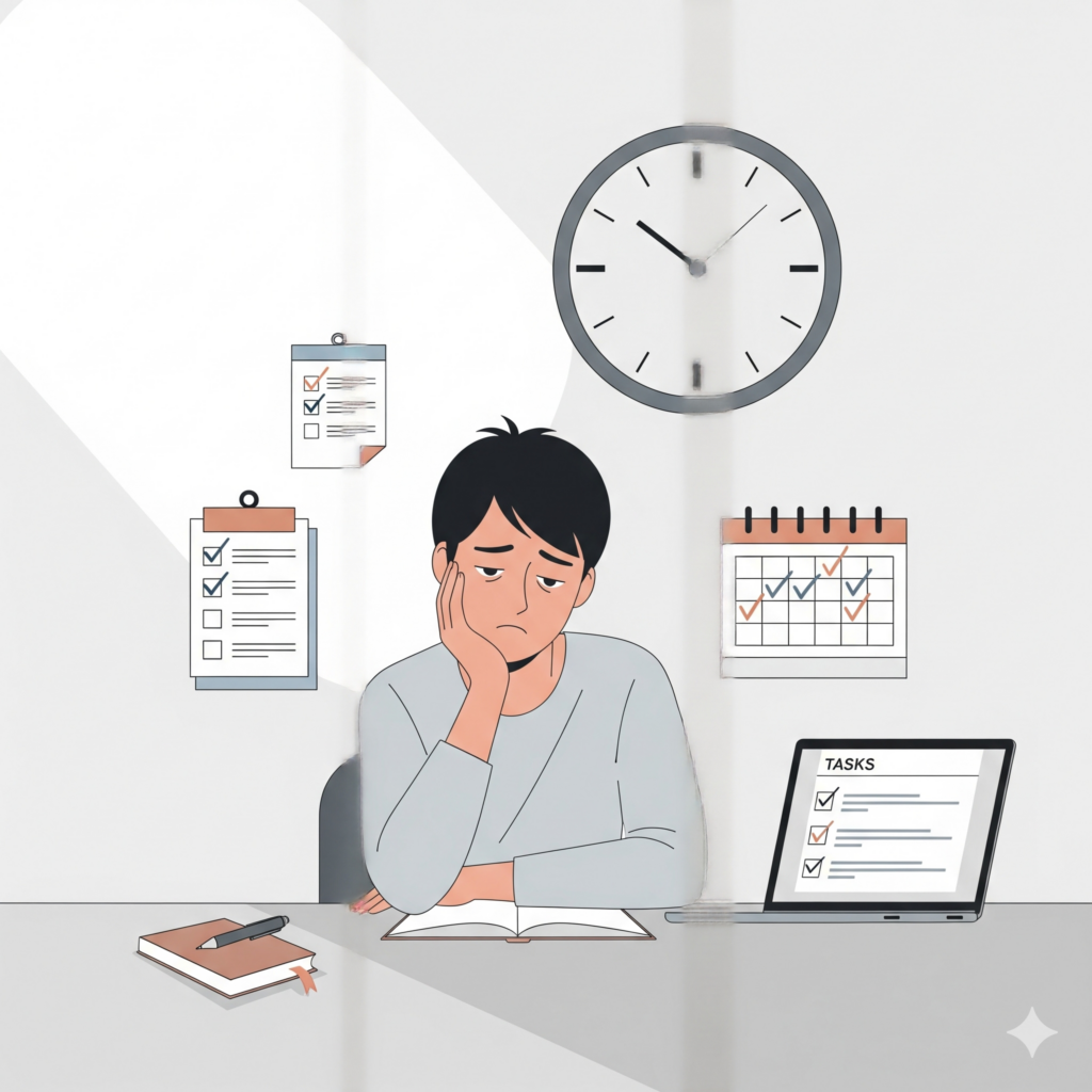 Illustration showing how productivity advice often ignores energy levels and mental fatigue