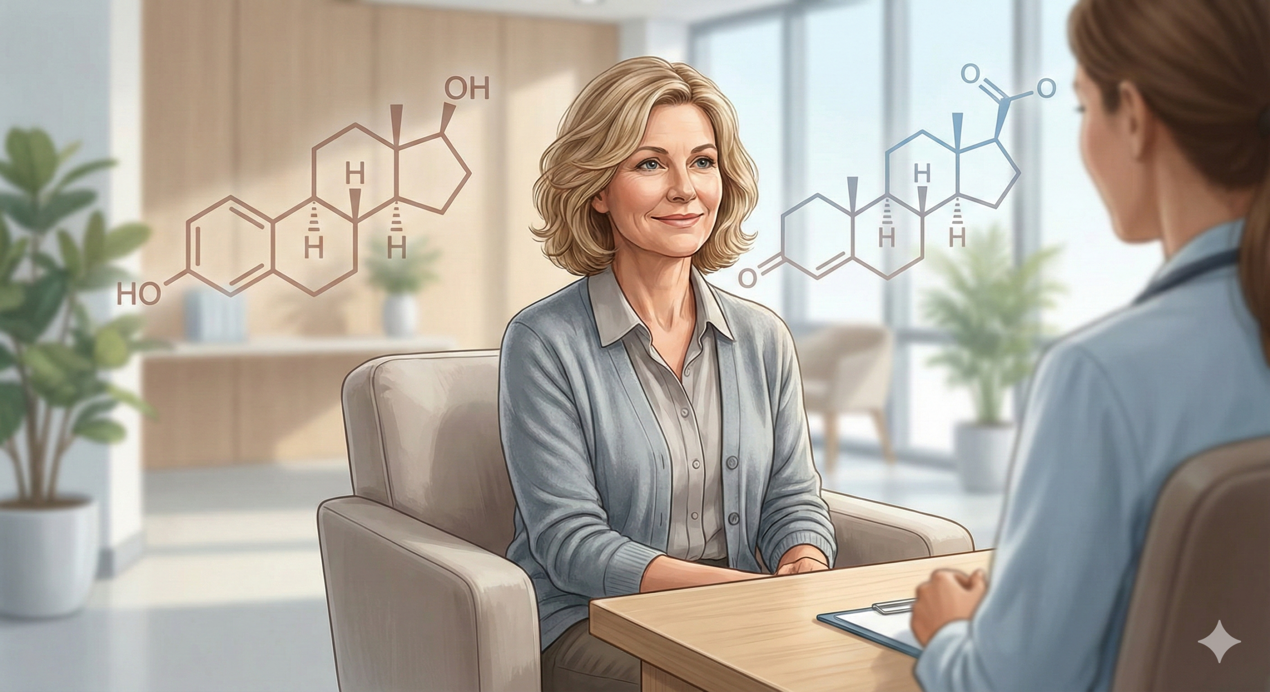 Illustration representing hormone replacement therapy in women during menopause with medical and wellness concepts