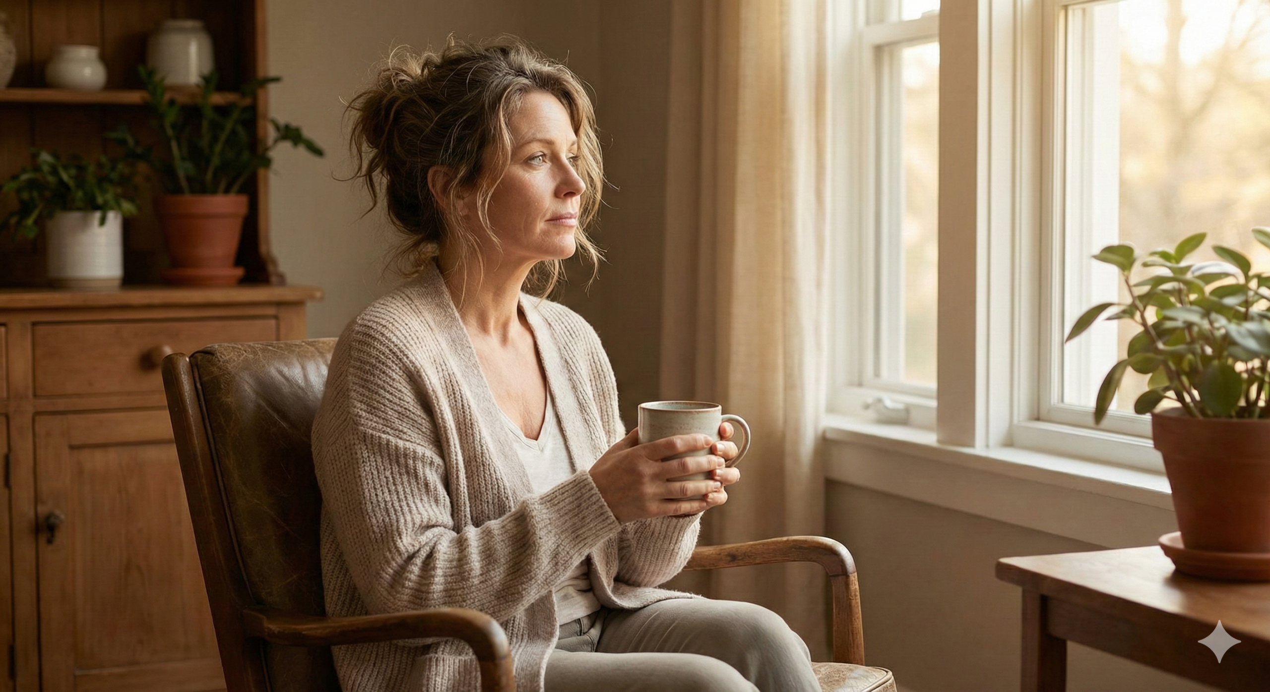 Woman in her late 40s reflecting in soft morning light, representing menopause and low energy during hormonal transition.