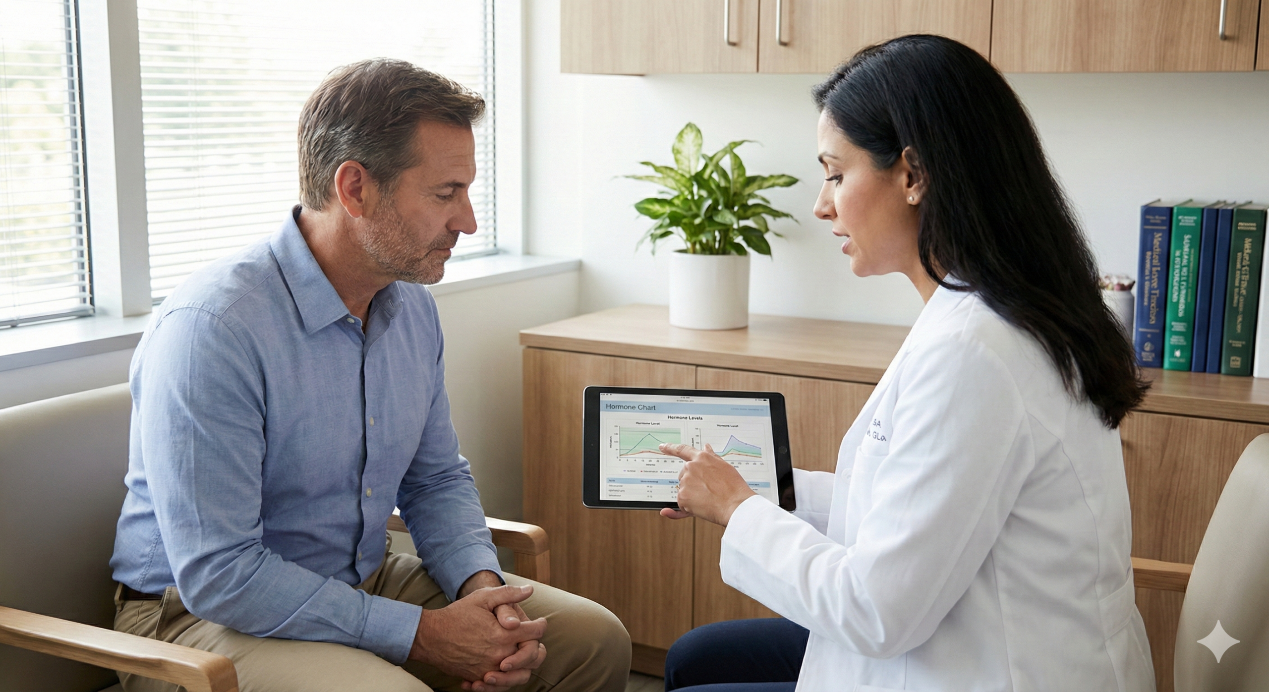Healthcare professional reviewing hormone test results with middle-aged man considering testosterone replacement therapy.