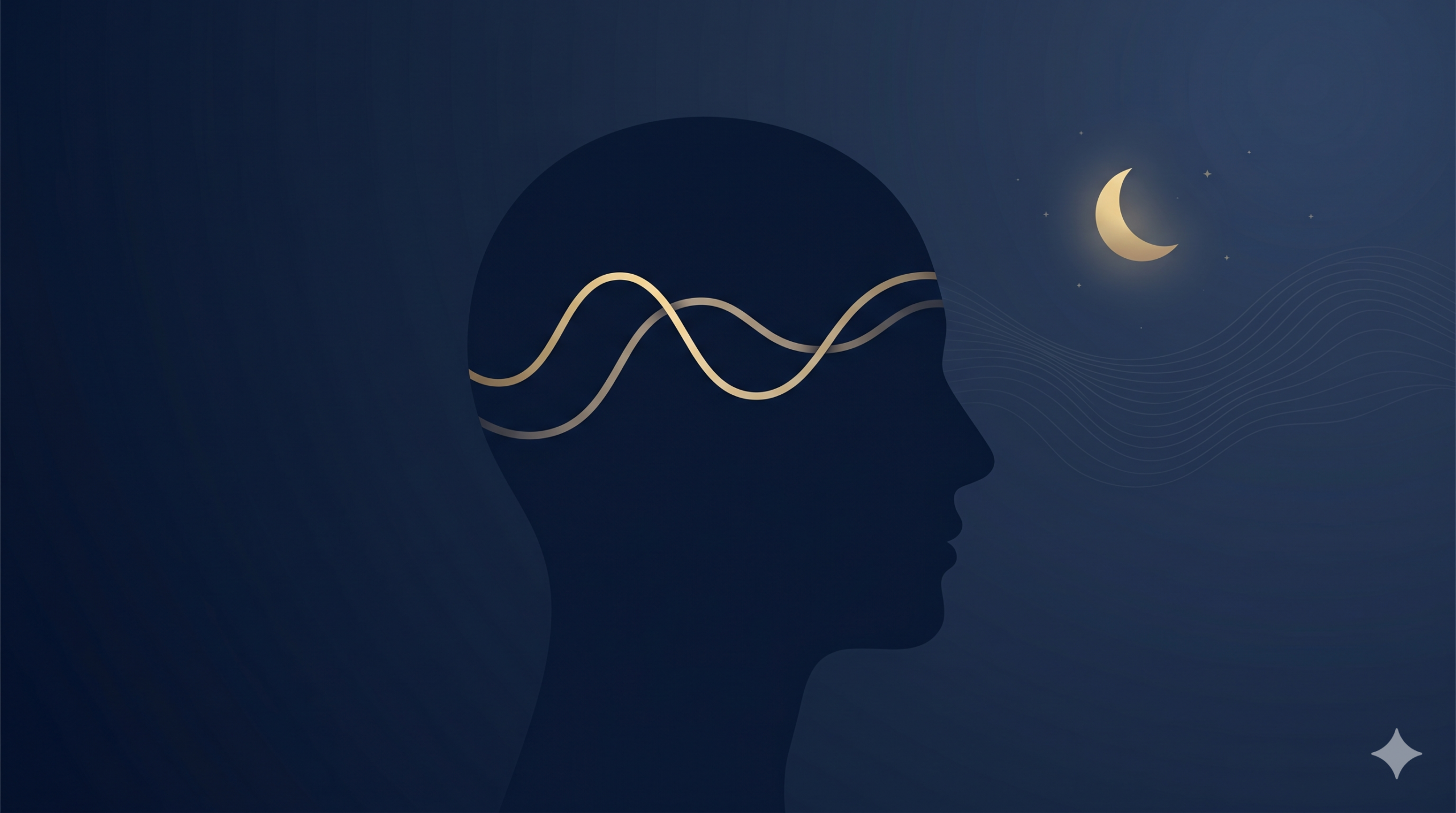 Minimalist illustration of human head silhouette with flowing line representing hormonal balance during sleep on a dark blue background