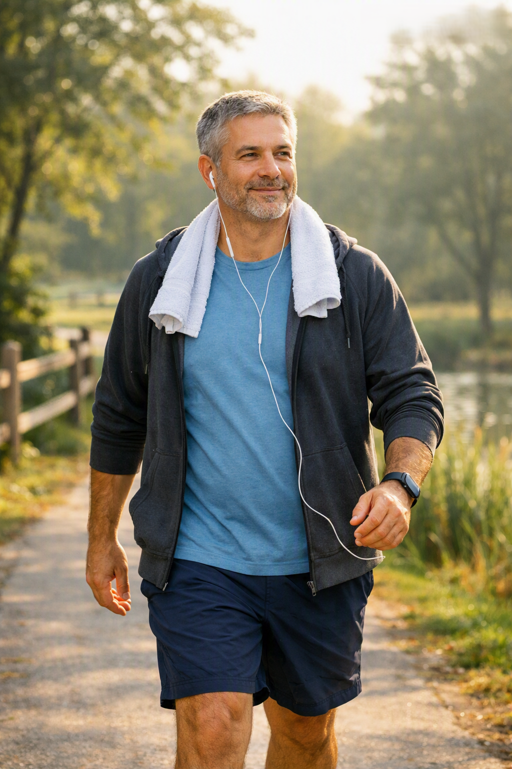Middle-aged adult walking outdoors as part of a healthy recovery routine after 40